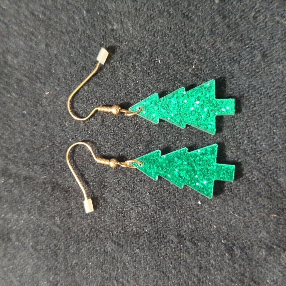 Green Glitter Acrylic Holiday Christmas Tree Lightweight Statement Earrings
